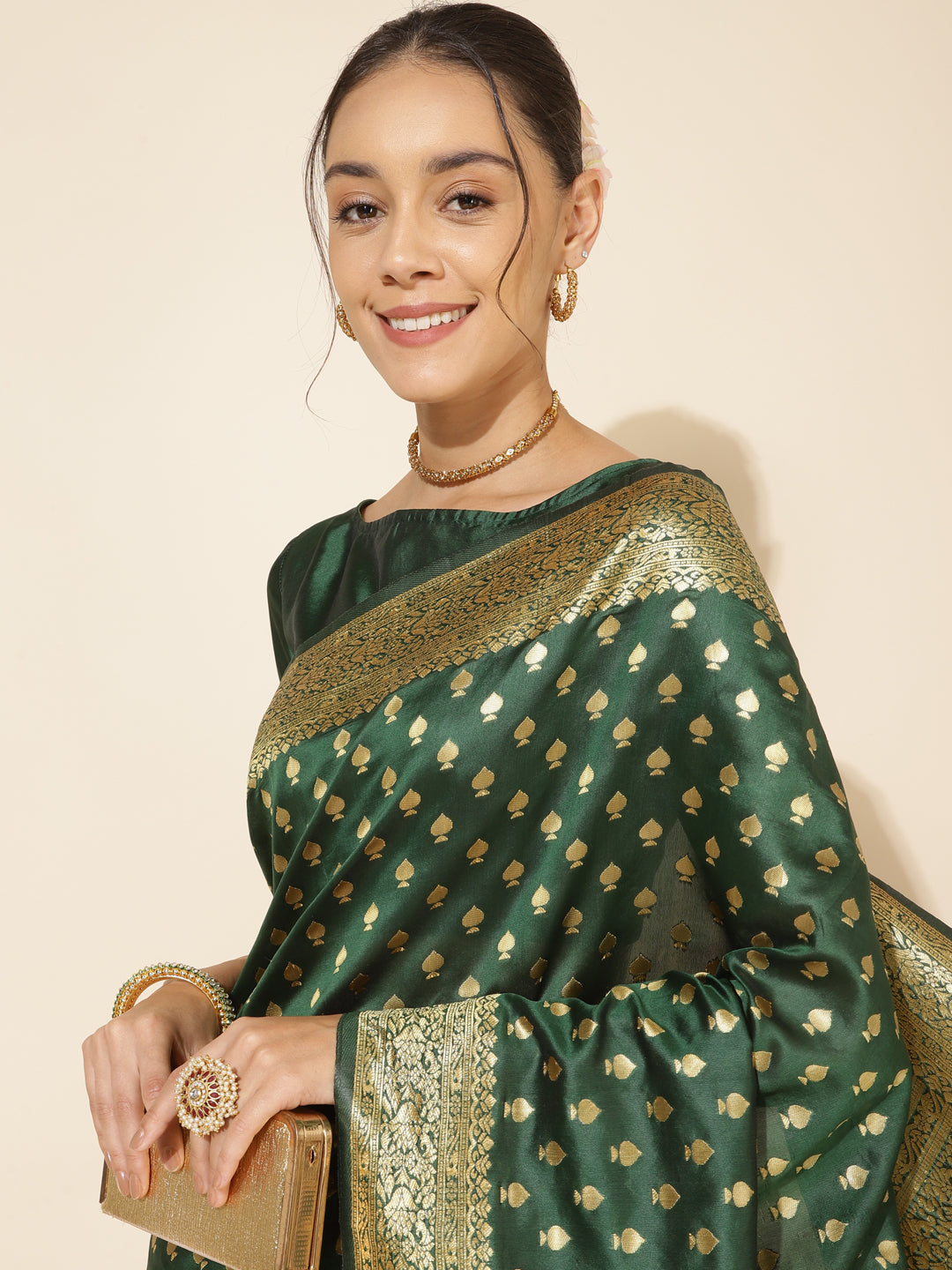 Janasya Green Banarasi Silk Ethnic Motifs Woven Design Saree | Grocsy