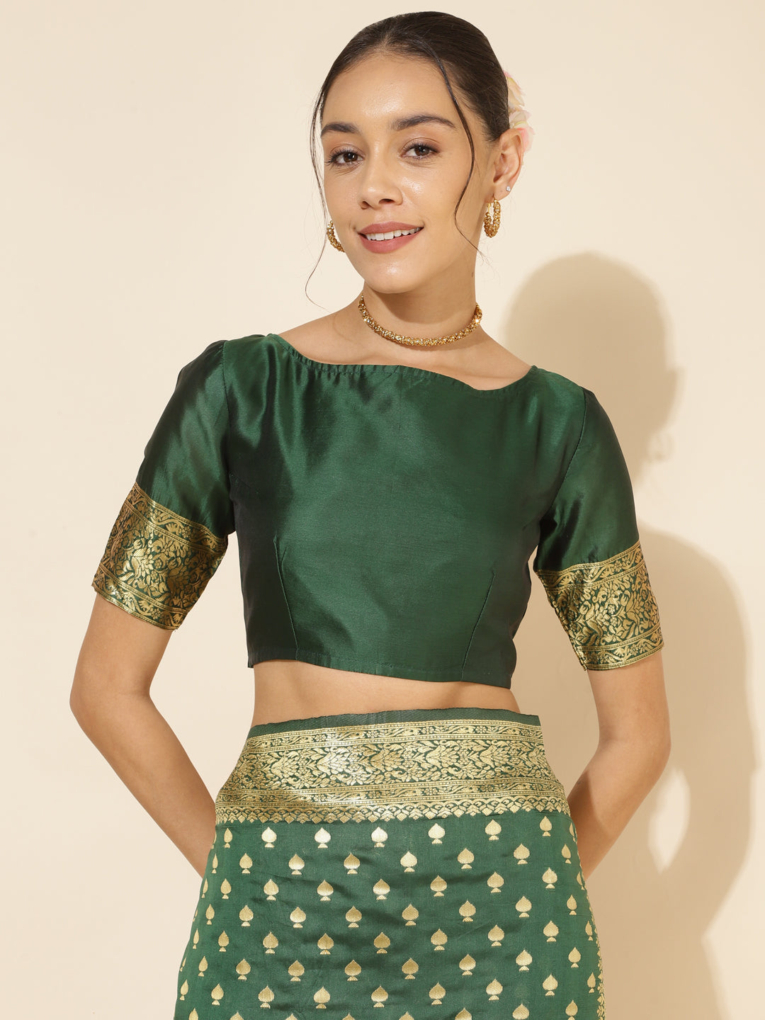 Janasya Green Banarasi Silk Ethnic Motifs Woven Design Saree | Grocsy