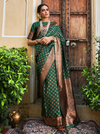 Janasya Green Banarasi Silk Ethnic Motifs Woven Design Saree | Grocsy