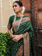 Janasya Green Banarasi Silk Ethnic Motifs Woven Design Saree | Grocsy