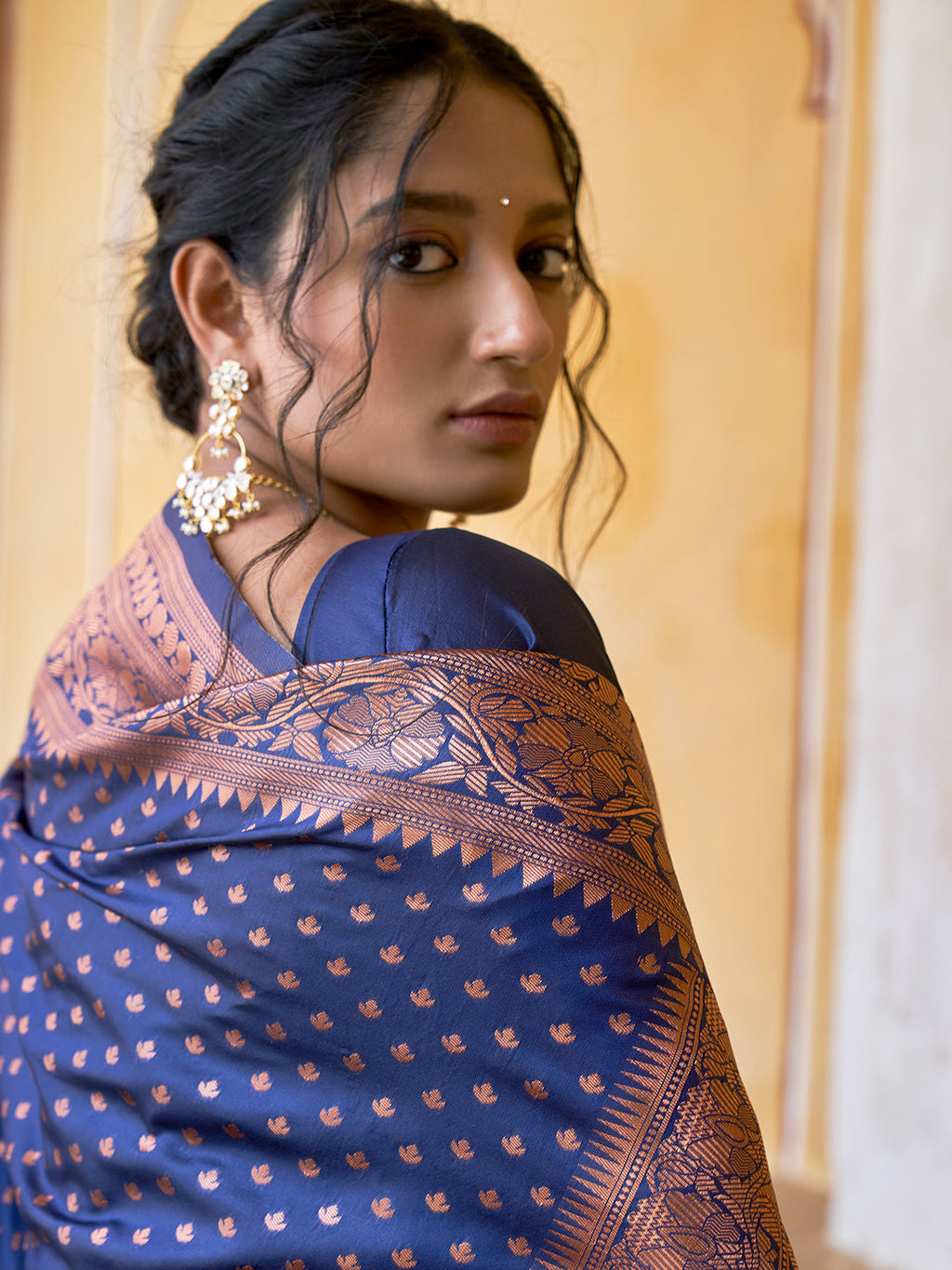 Janasya Navy Blue Banarasi Silk Ethnic Motifs Woven Design Saree | Grocsy