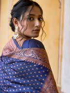 Janasya Navy Blue Banarasi Silk Ethnic Motifs Woven Design Saree | Grocsy
