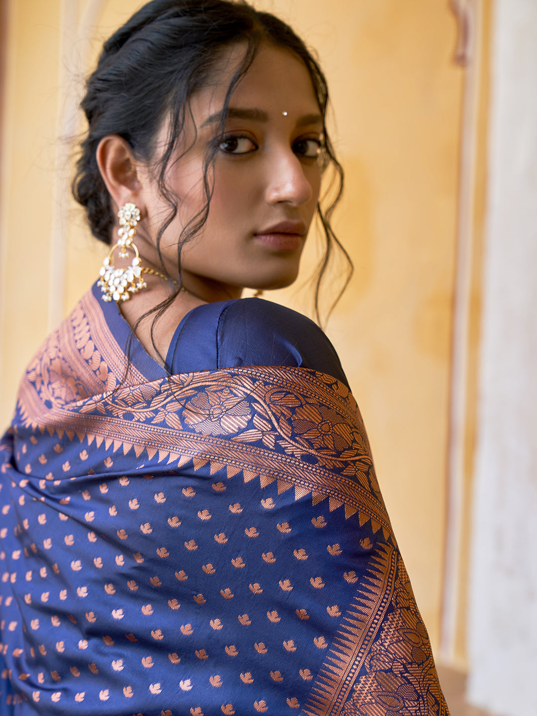 Janasya Navy Blue Banarasi Silk Ethnic Motifs Woven Design Saree | Grocsy