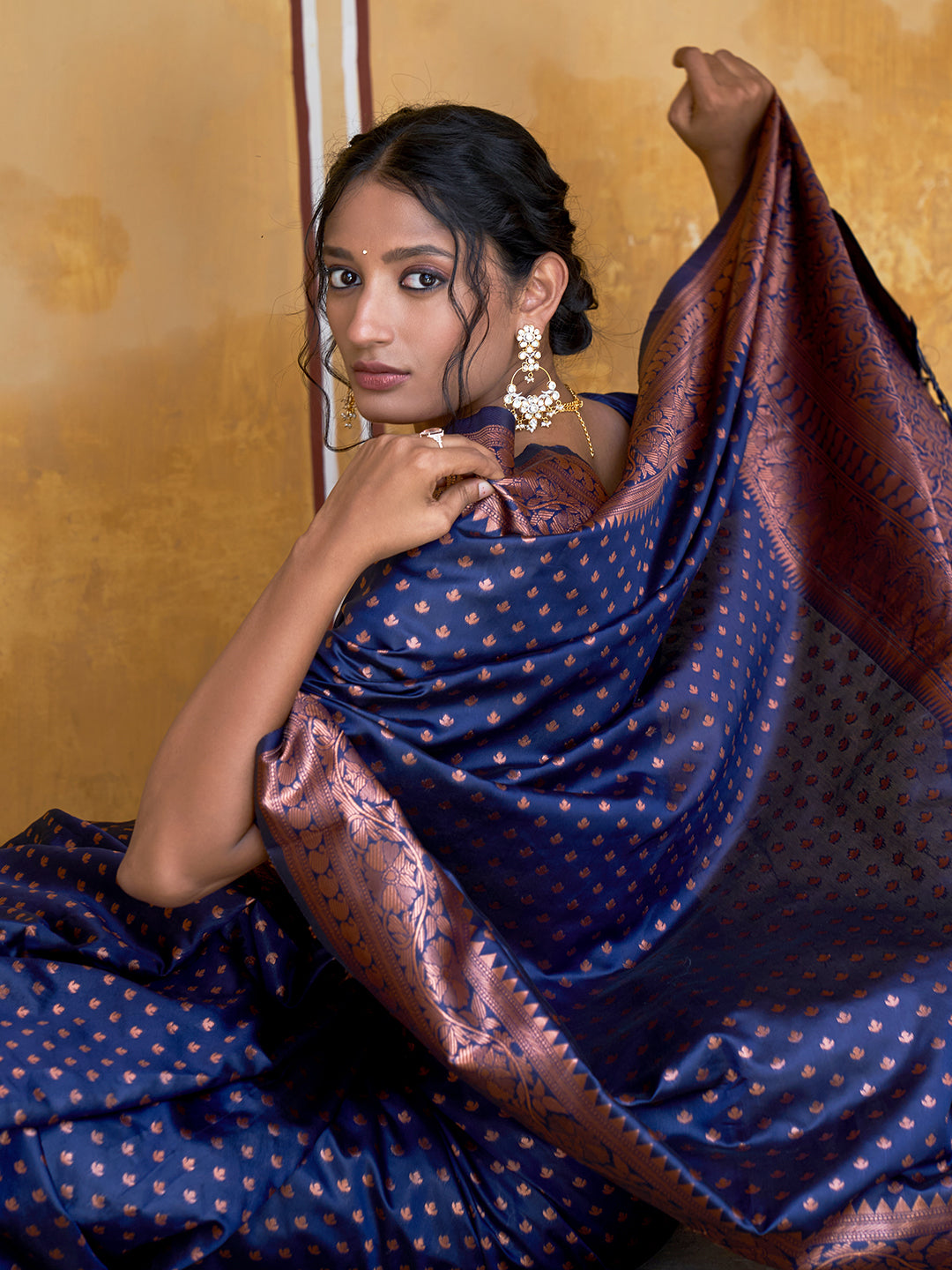 Janasya Navy Blue Banarasi Silk Ethnic Motifs Woven Design Saree | Grocsy
