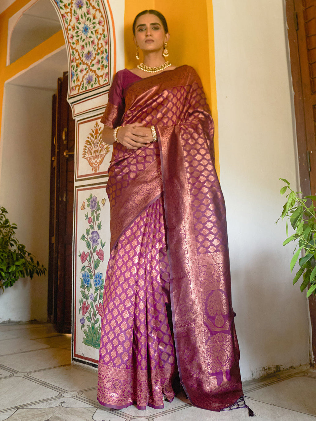 Janasya Wine Banarasi Silk Woven Ethnic Motifs Banarasi Silk Saree | Grocsy