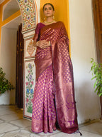 Janasya Wine Banarasi Silk Woven Ethnic Motifs Banarasi Silk Saree | Grocsy