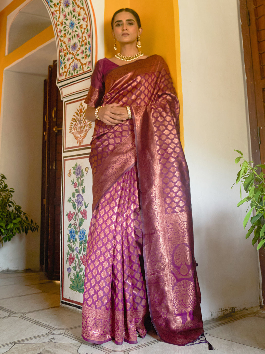 Janasya Wine Banarasi Silk Woven Ethnic Motifs Banarasi Silk Saree | Grocsy