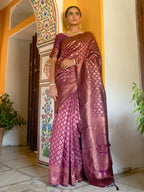 Janasya Wine Banarasi Silk Woven Ethnic Motifs Banarasi Silk Saree | Grocsy