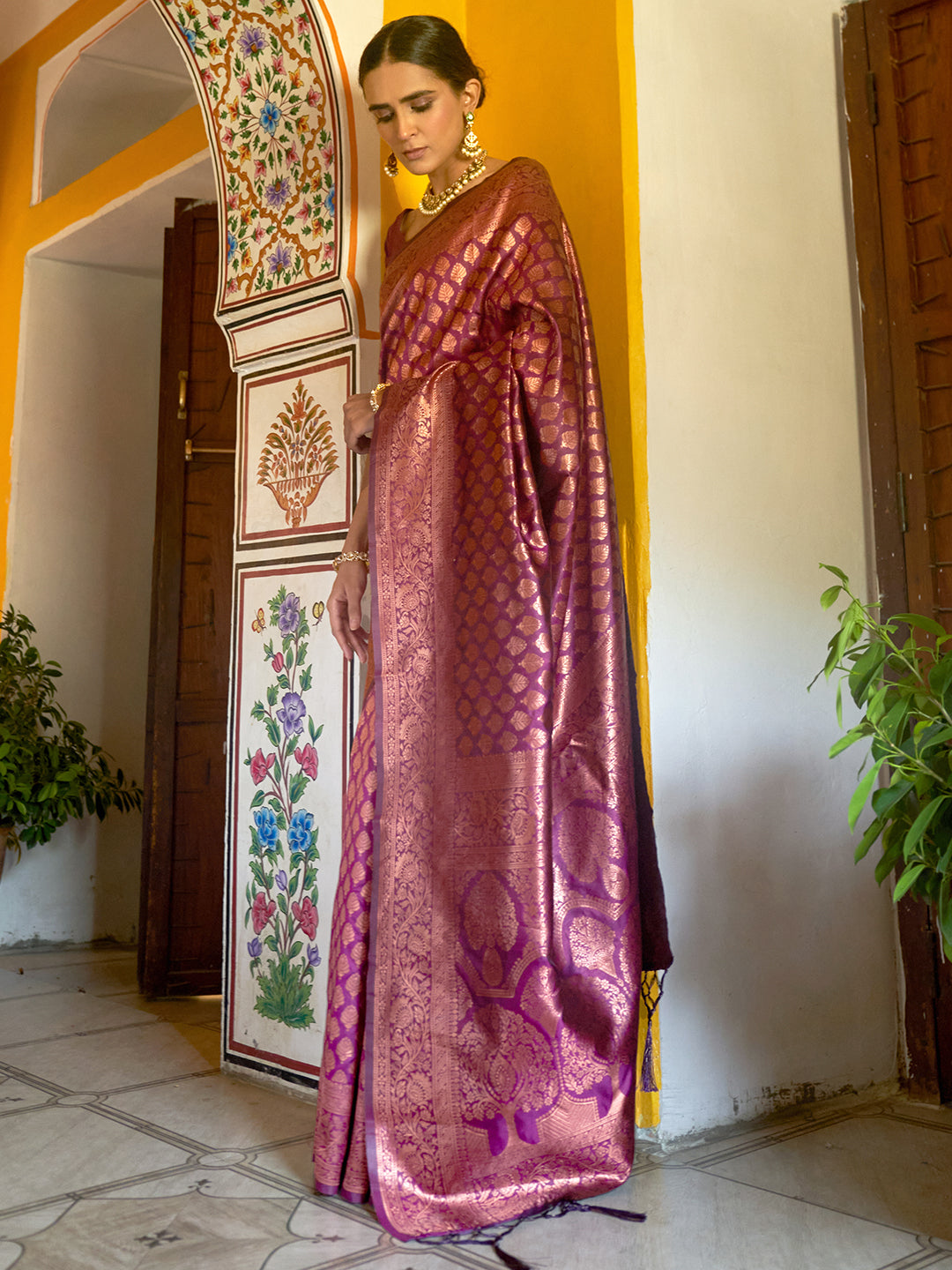 Janasya Wine Banarasi Silk Woven Ethnic Motifs Banarasi Silk Saree | Grocsy
