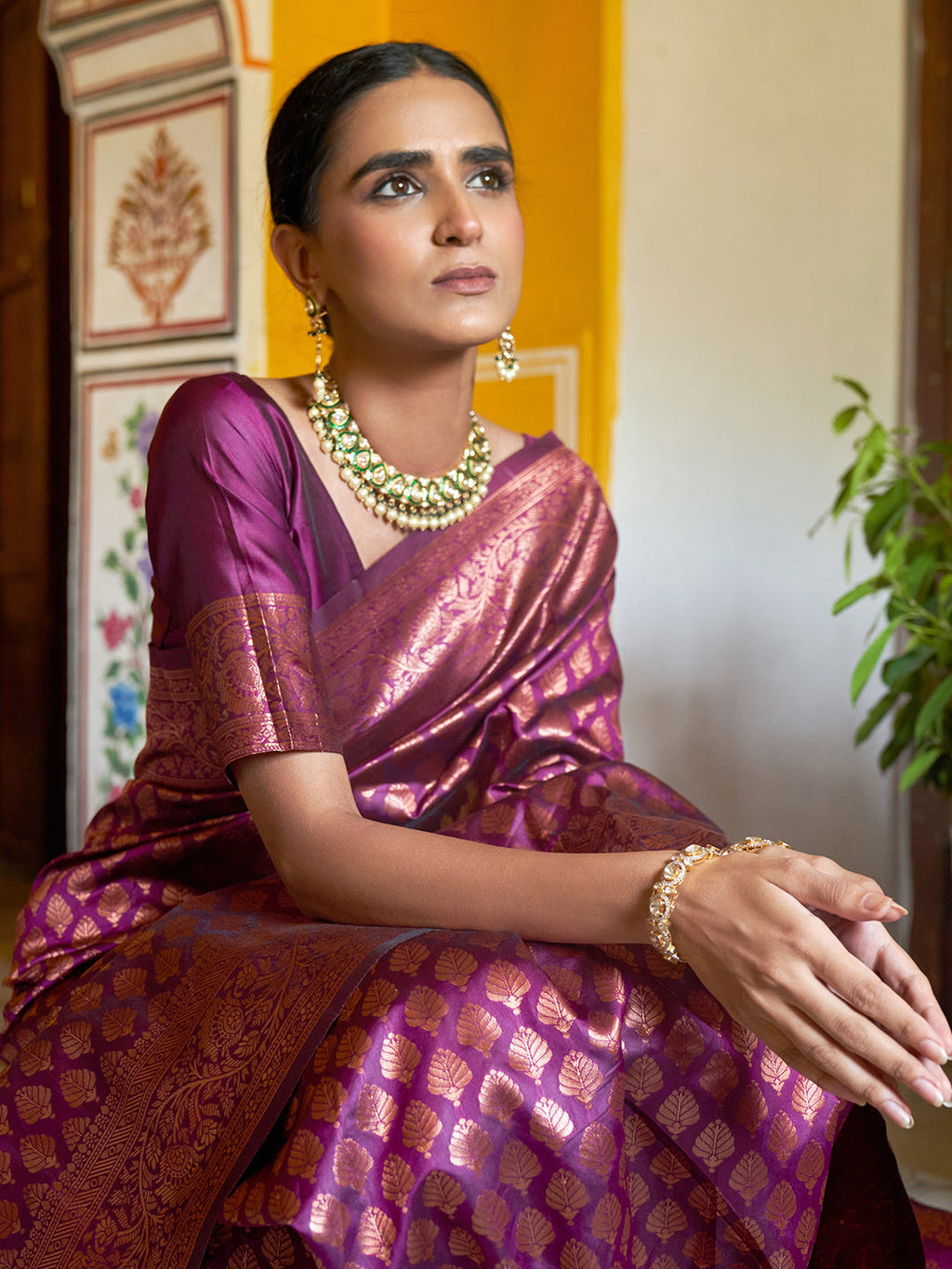 Janasya Wine Banarasi Silk Woven Ethnic Motifs Banarasi Silk Saree | Grocsy