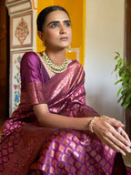 Janasya Wine Banarasi Silk Woven Ethnic Motifs Banarasi Silk Saree | Grocsy