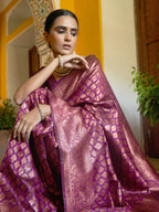 Janasya Wine Banarasi Silk Woven Ethnic Motifs Banarasi Silk Saree | Grocsy