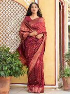 Janasya Maroon Banarasi Silk Ethnic Motifs Woven Design Saree | Grocsy