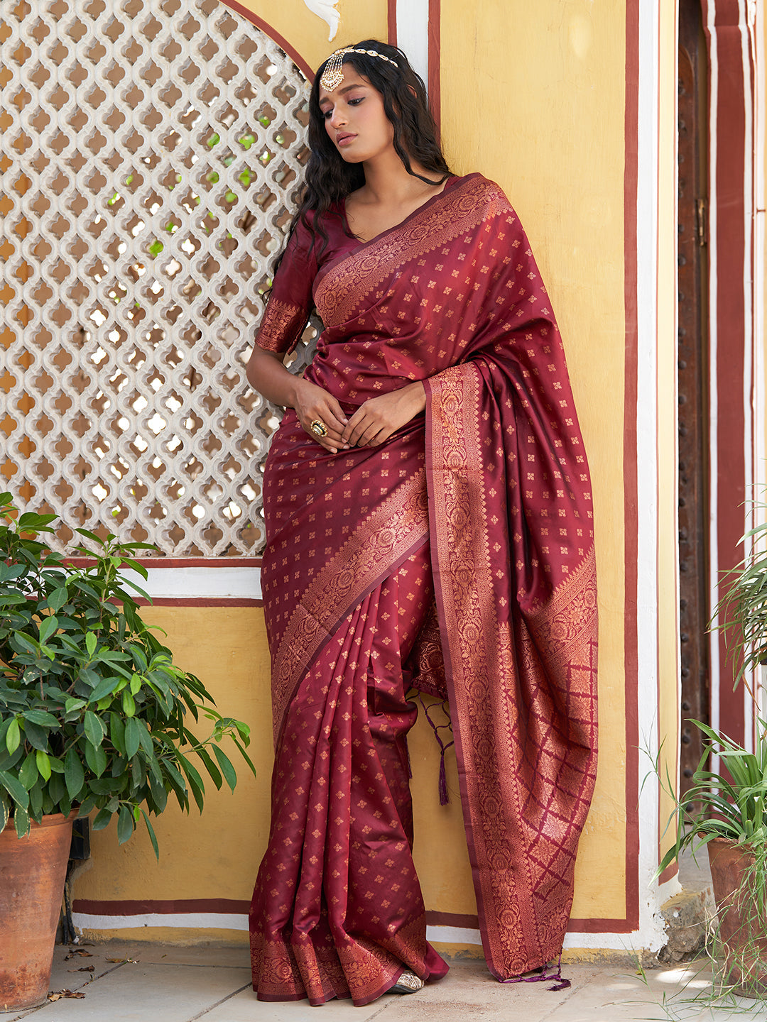 Janasya Maroon Banarasi Silk Ethnic Motifs Woven Design Saree | Grocsy