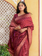 Janasya Maroon Banarasi Silk Ethnic Motifs Woven Design Saree | Grocsy
