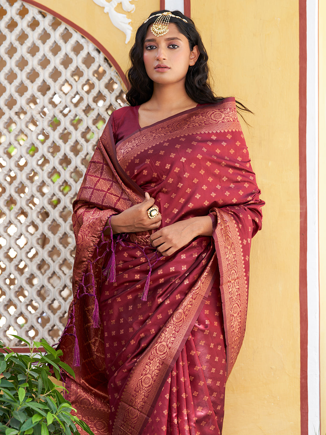 Janasya Maroon Banarasi Silk Ethnic Motifs Woven Design Saree | Grocsy