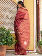 Janasya Maroon Banarasi Silk Ethnic Motifs Woven Design Saree | Grocsy