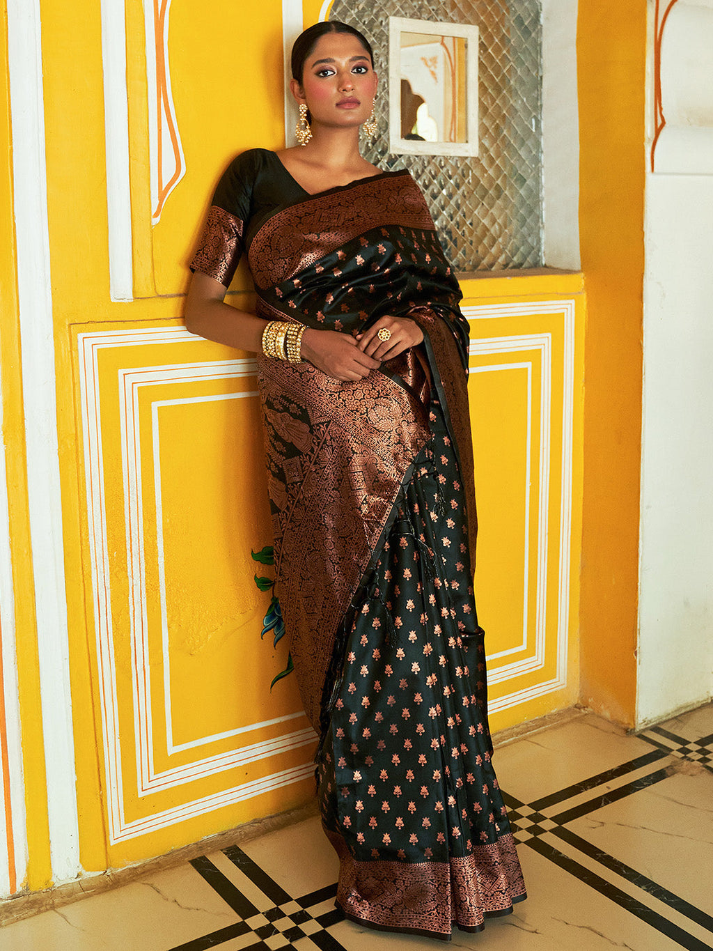 Janasya Black Banarasi Silk Ethnic Motifs Woven Design Saree | Grocsy