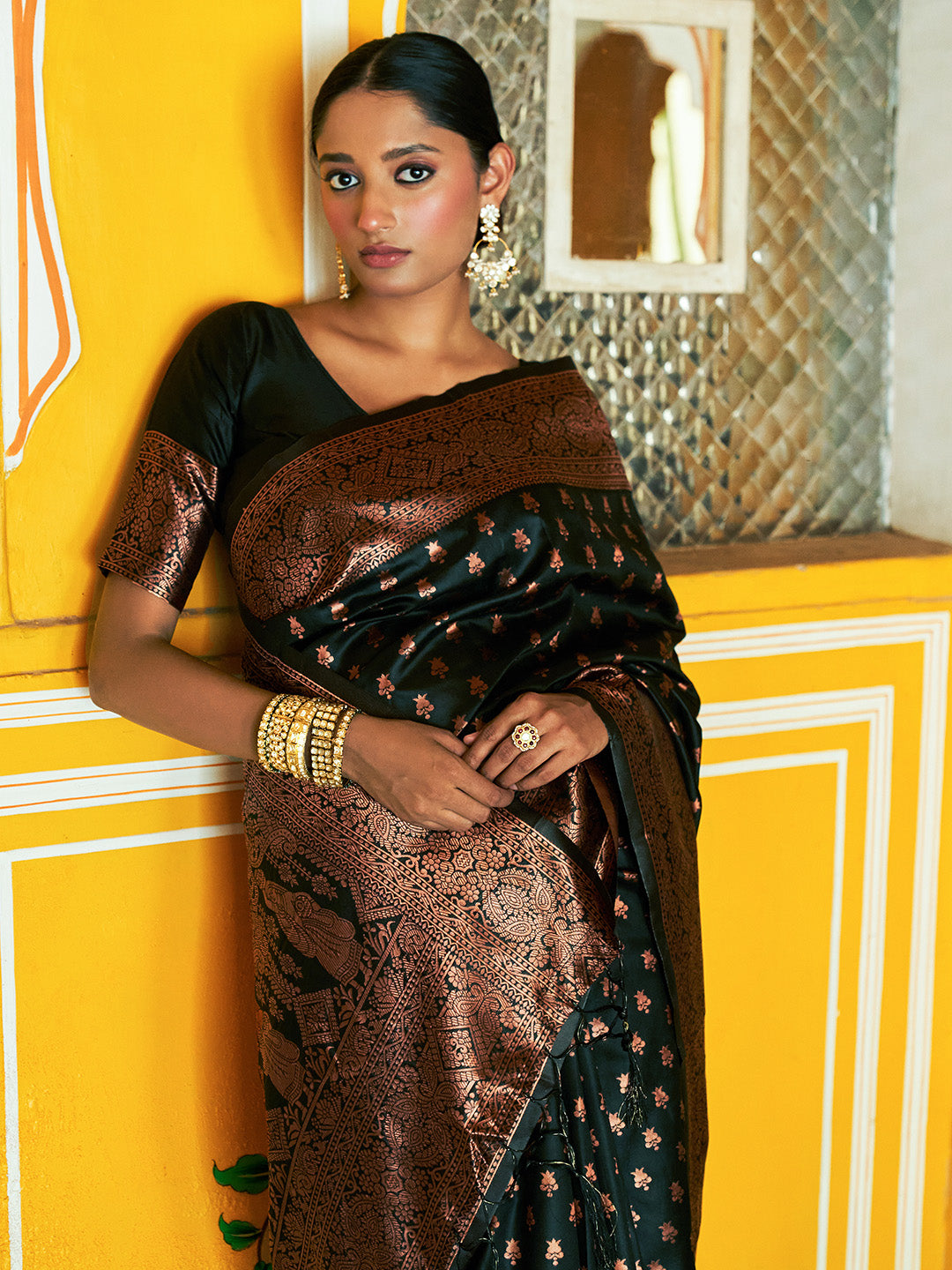 Janasya Black Banarasi Silk Ethnic Motifs Woven Design Saree | Grocsy