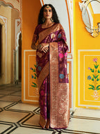 Janasya Wine Banarasi Silk Ethnic Motifs Woven Design Saree | Grocsy