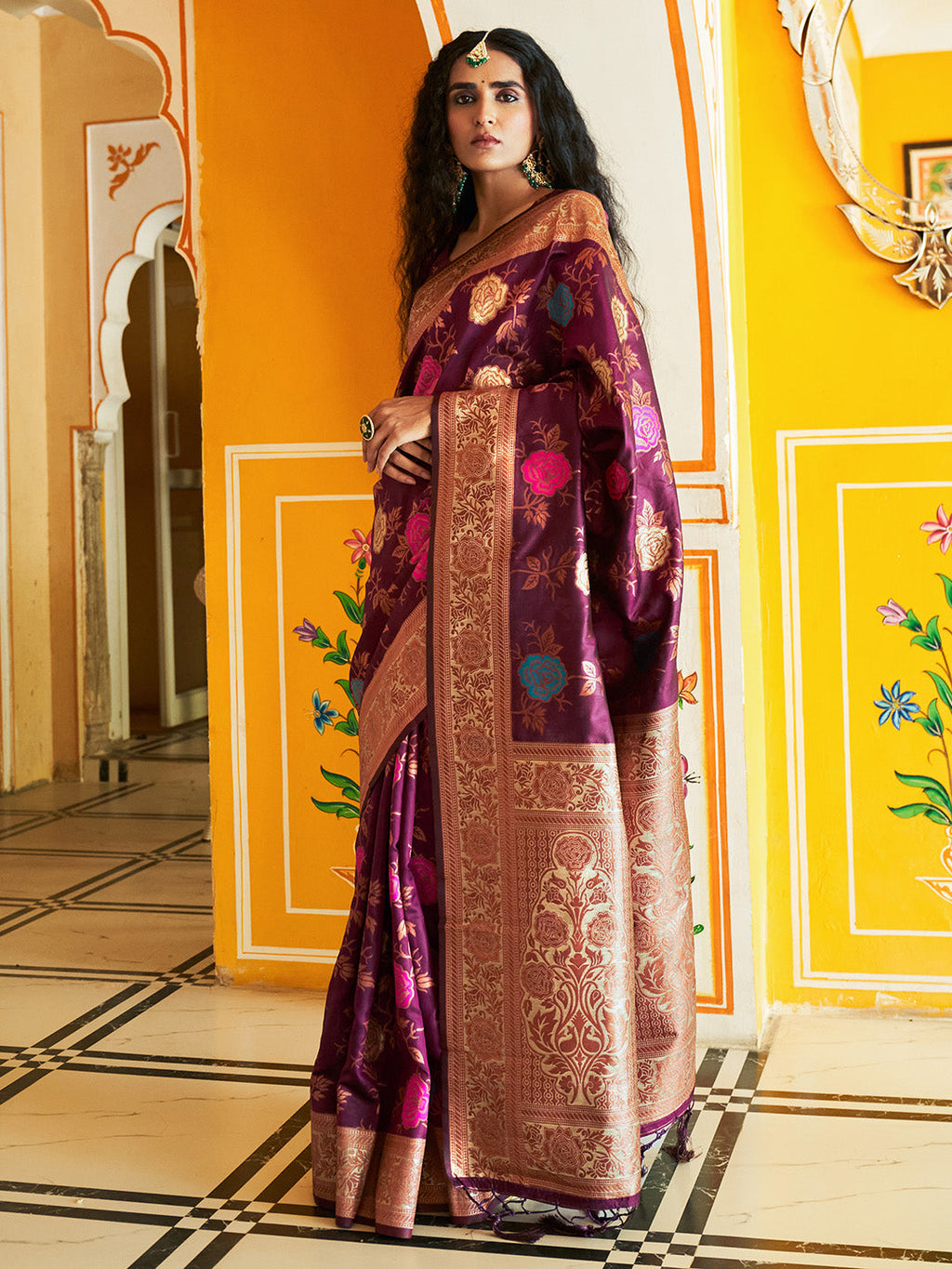 Janasya Wine Banarasi Silk Ethnic Motifs Woven Design Saree | Grocsy