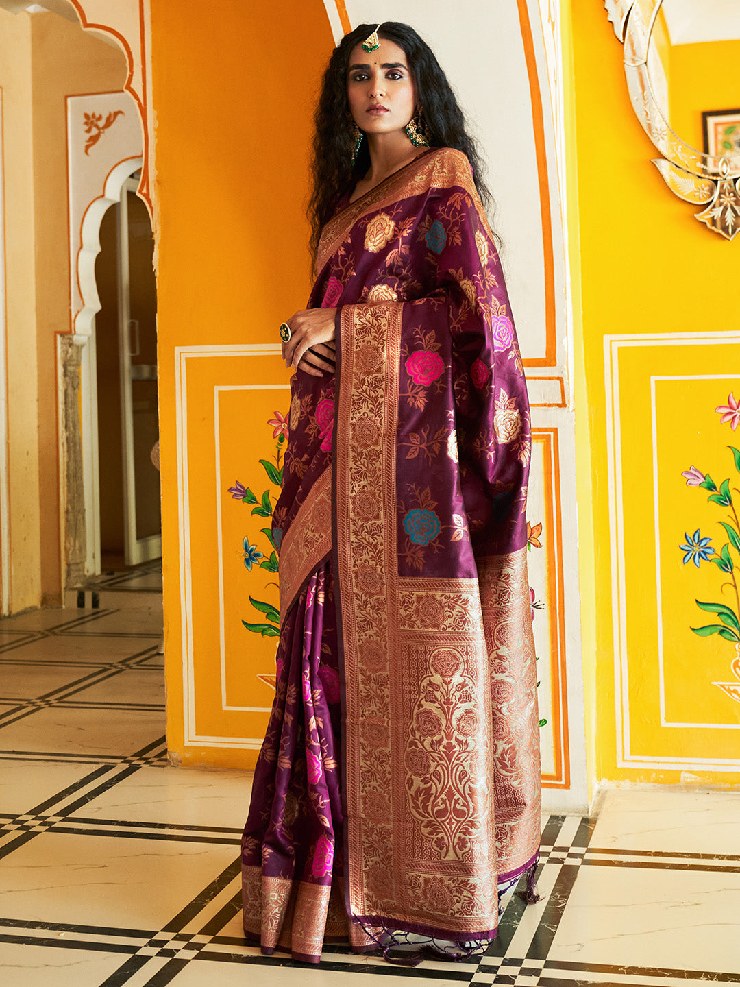 Janasya Wine Banarasi Silk Ethnic Motifs Woven Design Saree | Grocsy