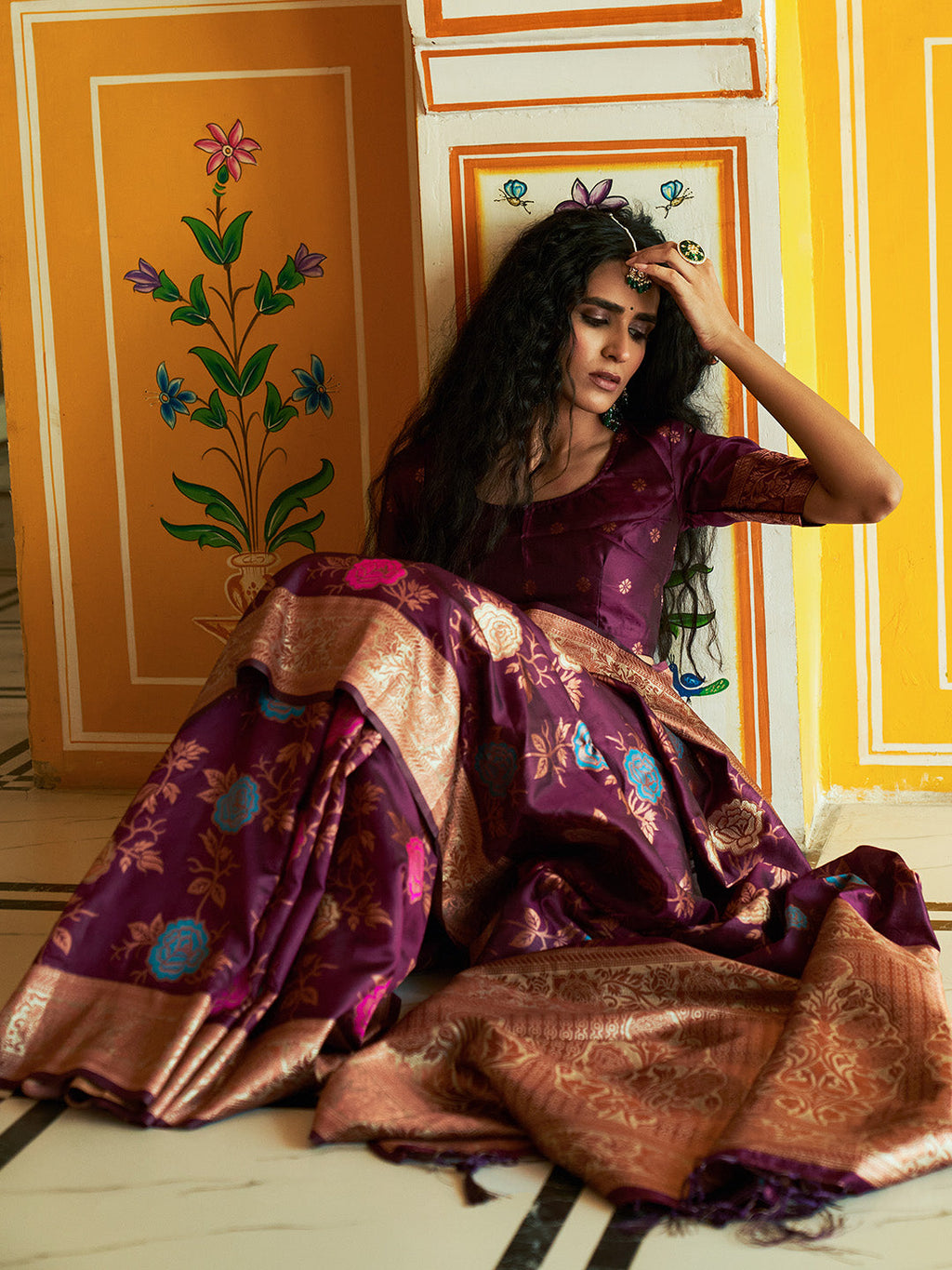 Janasya Wine Banarasi Silk Ethnic Motifs Woven Design Saree | Grocsy
