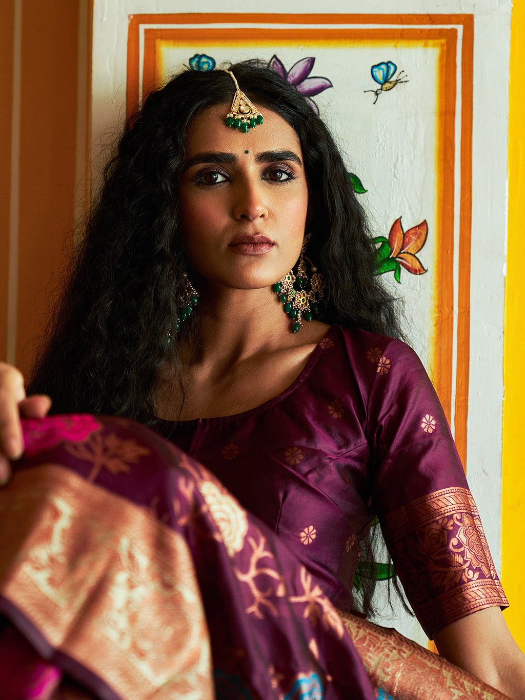 Janasya Wine Banarasi Silk Ethnic Motifs Woven Design Saree | Grocsy