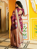 Janasya Wine Banarasi Silk Ethnic Motifs Woven Design Saree | Grocsy