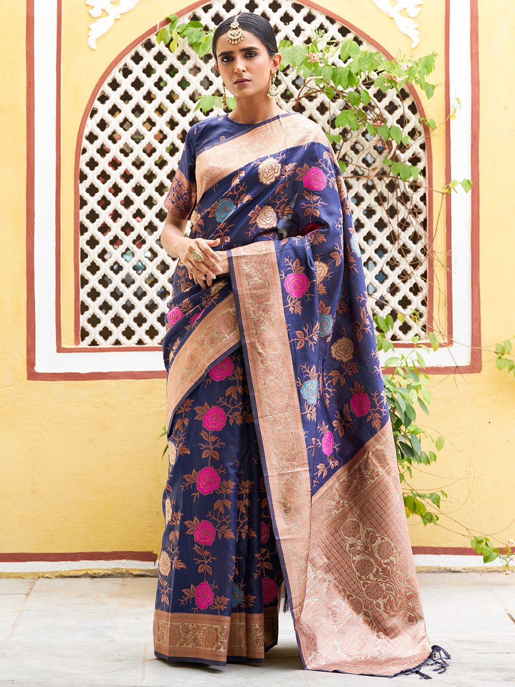Janasya Navy Blue Banarasi Silk Floral Woven Design Saree | Grocsy