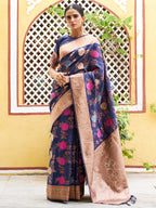 Janasya Navy Blue Banarasi Silk Floral Woven Design Saree | Grocsy