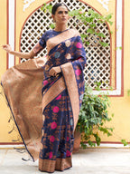 Janasya Navy Blue Banarasi Silk Floral Woven Design Saree | Grocsy