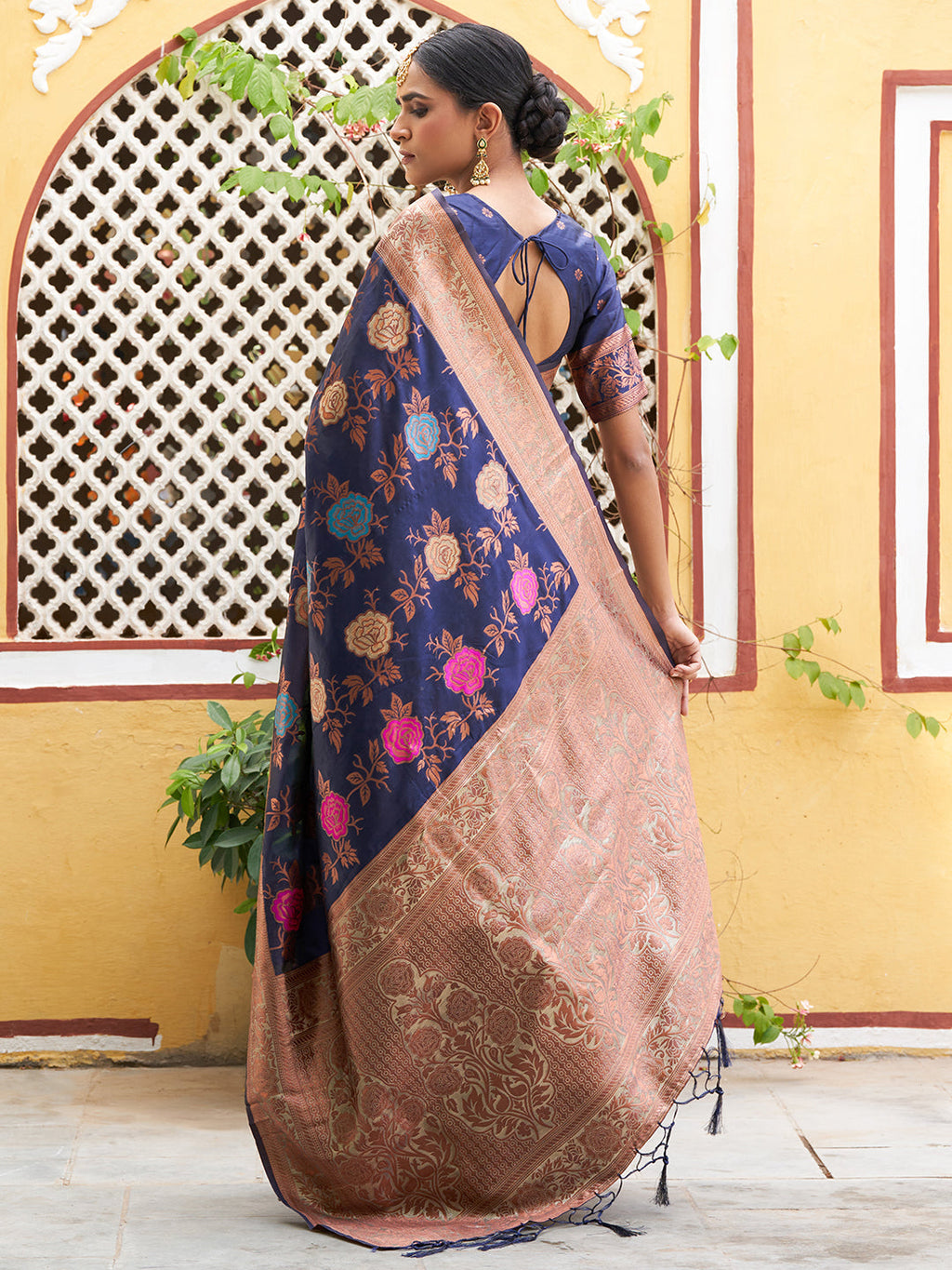 Janasya Navy Blue Banarasi Silk Floral Woven Design Saree | Grocsy