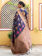 Janasya Navy Blue Banarasi Silk Floral Woven Design Saree | Grocsy