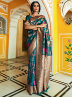 Janasya Dark Green Banarasi Silk Floral Woven Design Saree | Grocsy