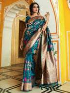 Janasya Dark Green Banarasi Silk Floral Woven Design Saree | Grocsy