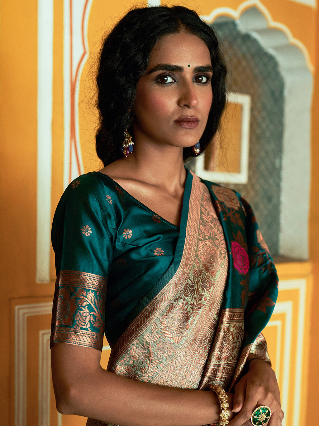 Janasya Dark Green Banarasi Silk Floral Woven Design Saree | Grocsy