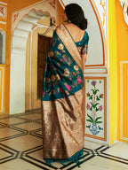 Janasya Dark Green Banarasi Silk Floral Woven Design Saree | Grocsy