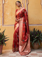 Janasya Red Banarasi Silk Floral Woven Design Saree | Grocsy