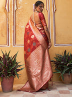 Janasya Red Banarasi Silk Floral Woven Design Saree | Grocsy