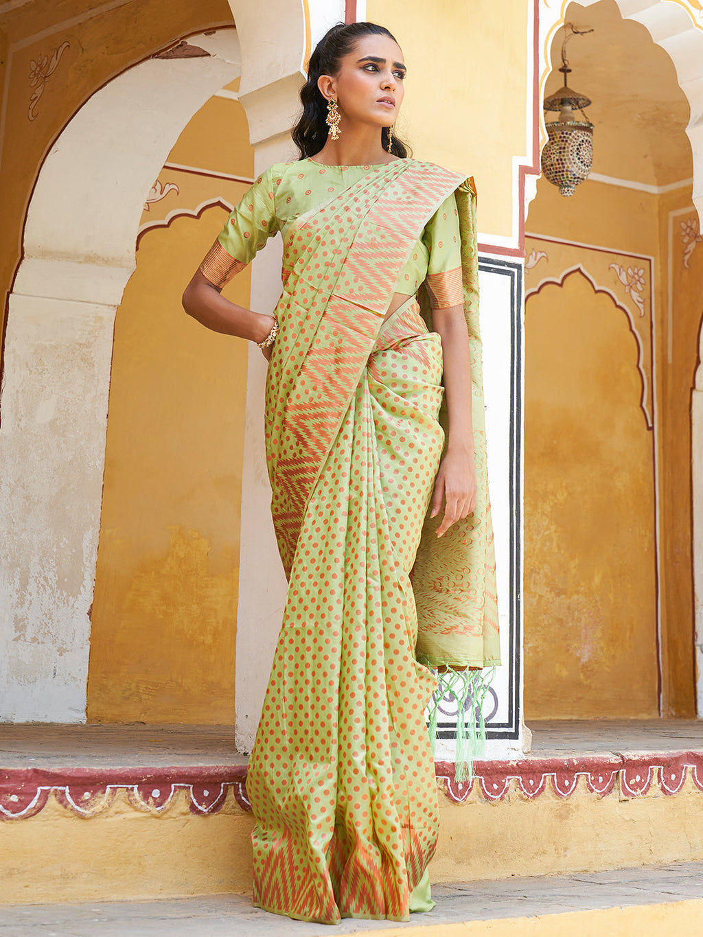 Janasya Pista Green Silk Blend Woven Polka Woven Design Saree | Grocsy