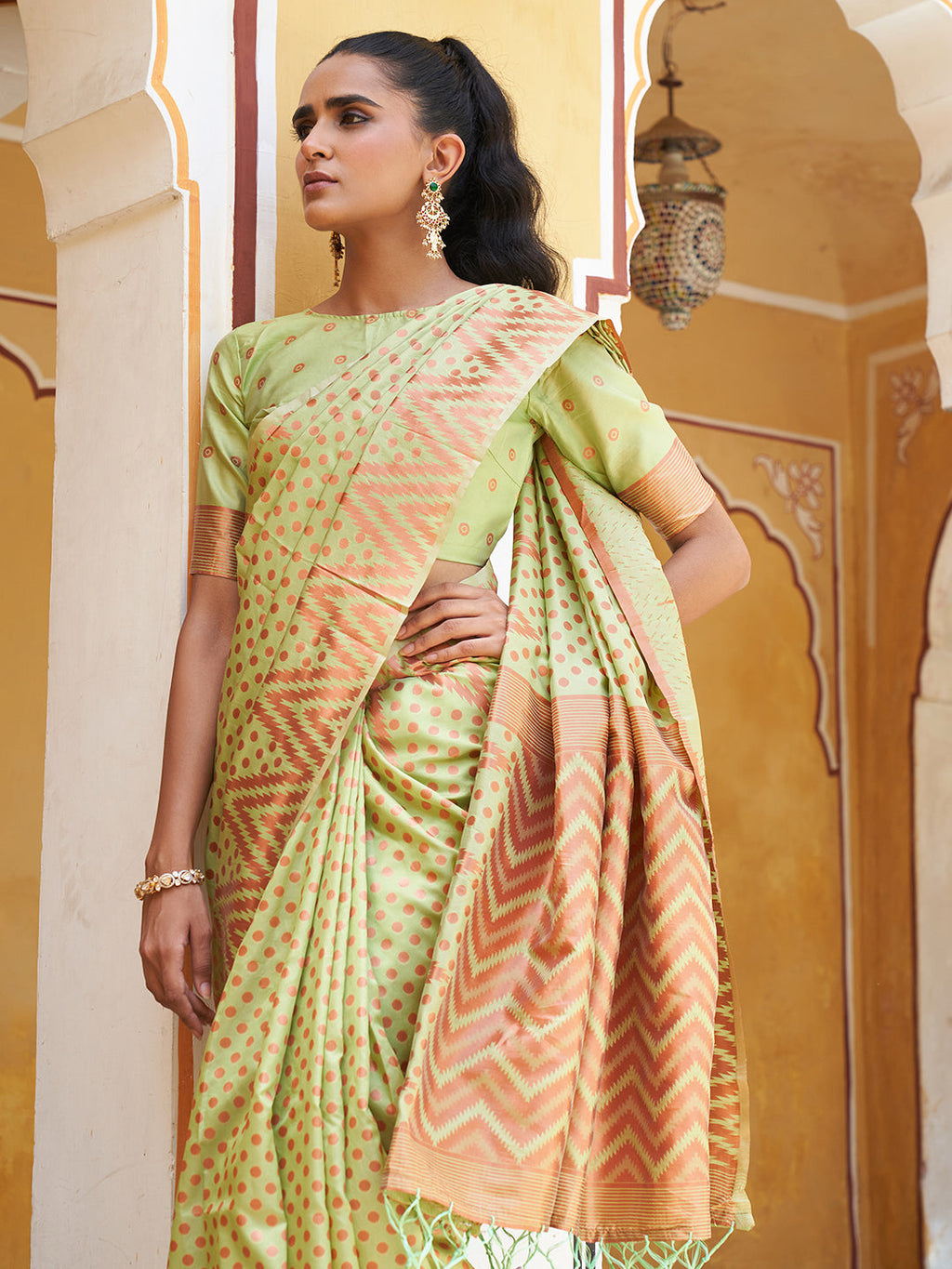 Janasya Pista Green Silk Blend Woven Polka Woven Design Saree | Grocsy