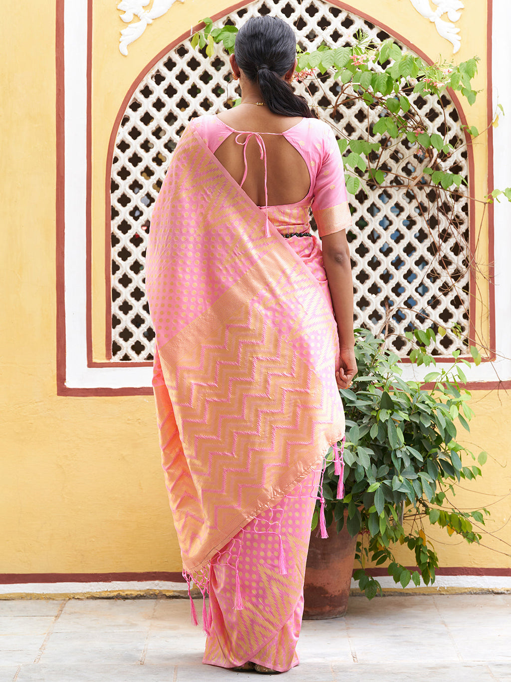 Janasya Pink Silk Blend Woven Polka Woven Design Saree | Grocsy