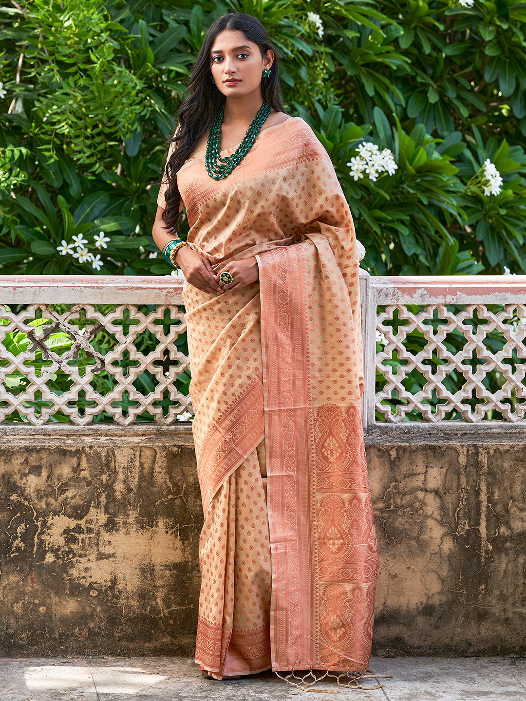 Janasya Beige Chanderi Silk Ethnic Motifs Woven Design Saree | Grocsy