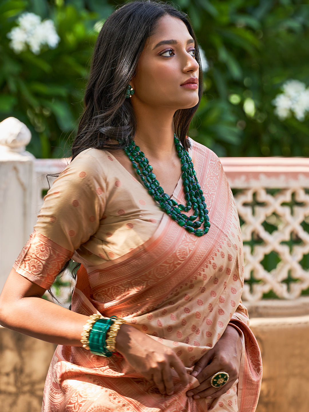 Janasya Beige Chanderi Silk Ethnic Motifs Woven Design Saree | Grocsy