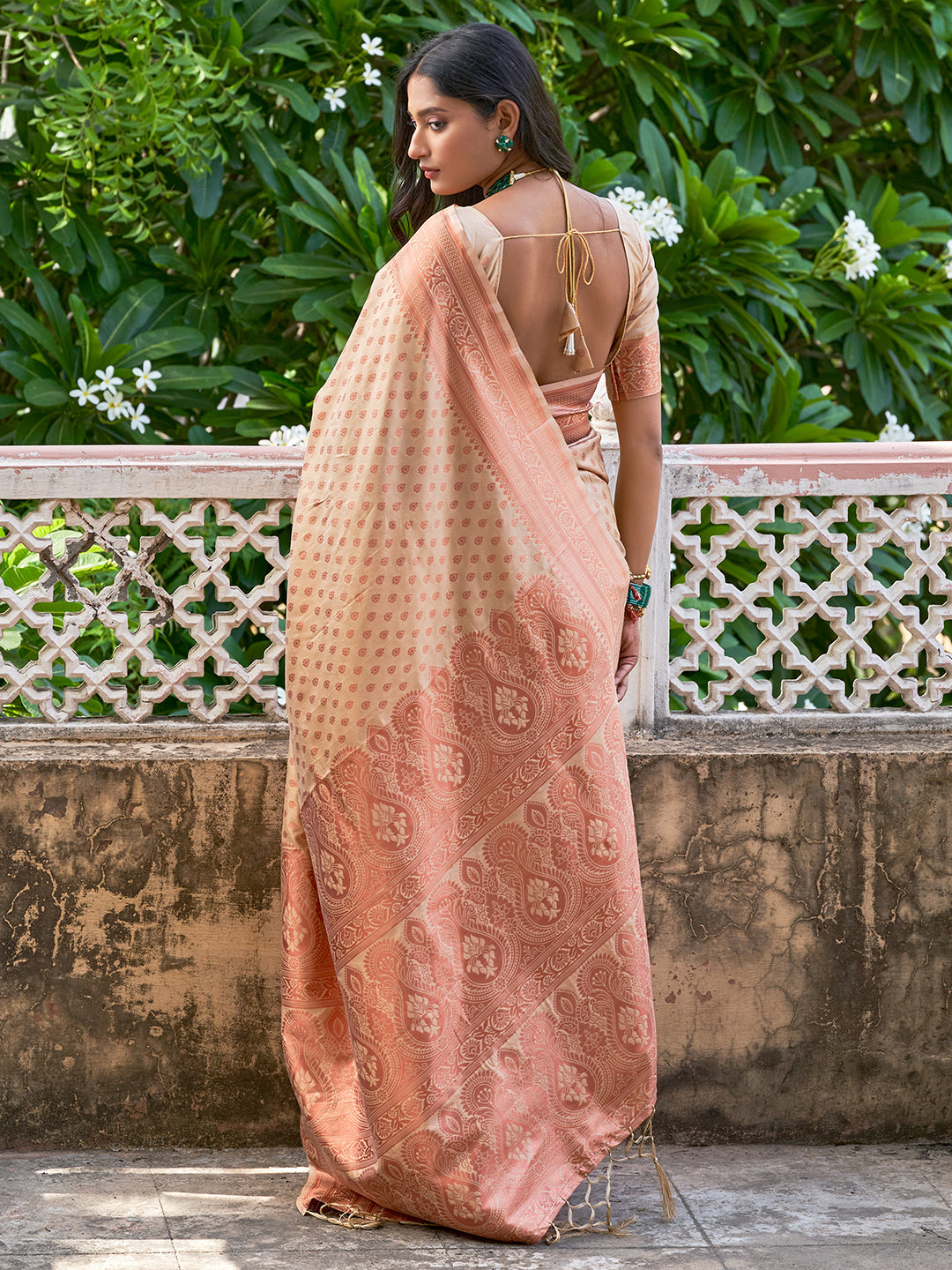 Janasya Beige Chanderi Silk Ethnic Motifs Woven Design Saree | Grocsy