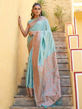 Janasya Sea Green Chanderi Silk Ethnic Motifs Woven Design Saree | Grocsy