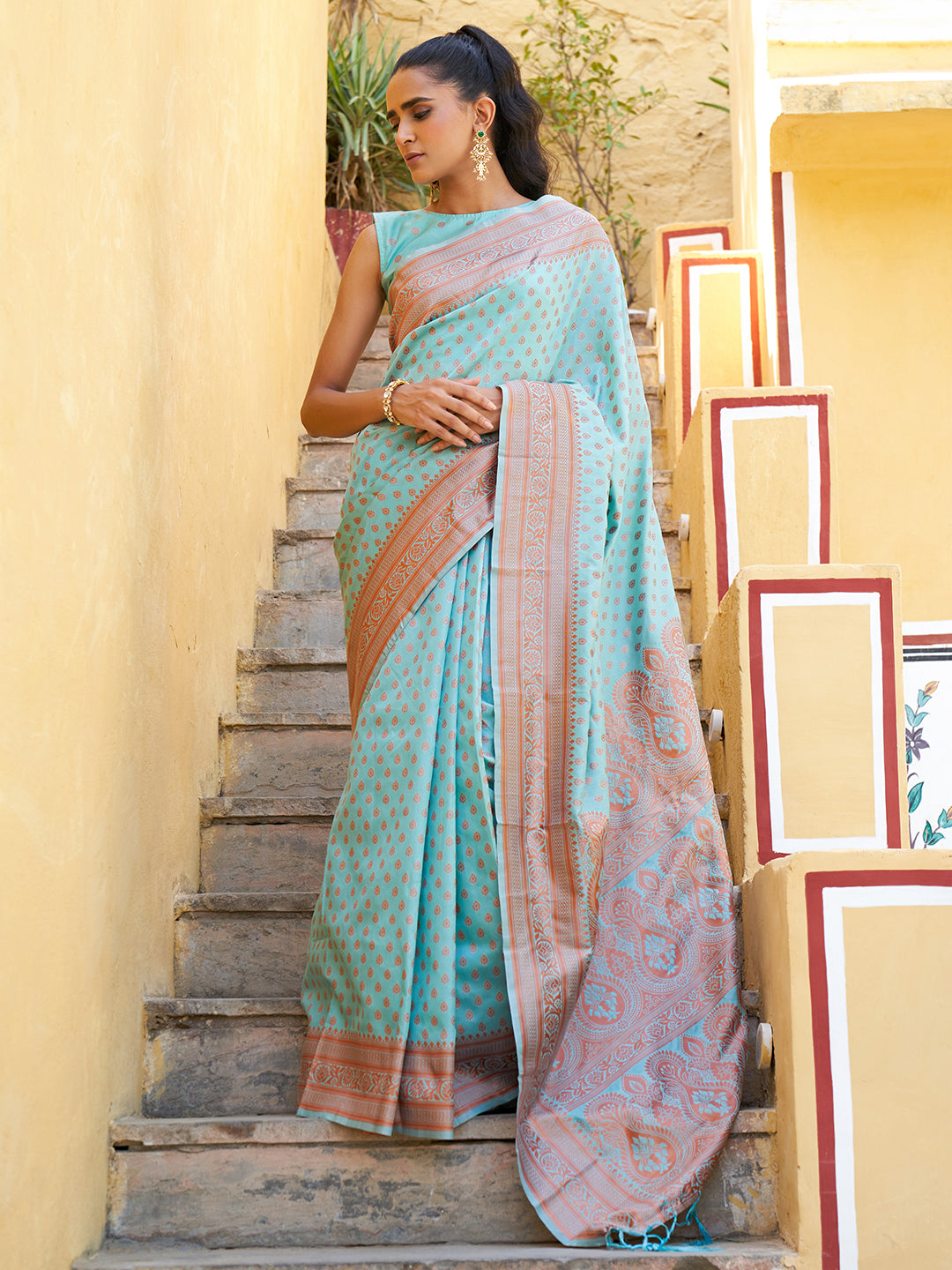 Janasya Sea Green Chanderi Silk Ethnic Motifs Woven Design Saree | Grocsy