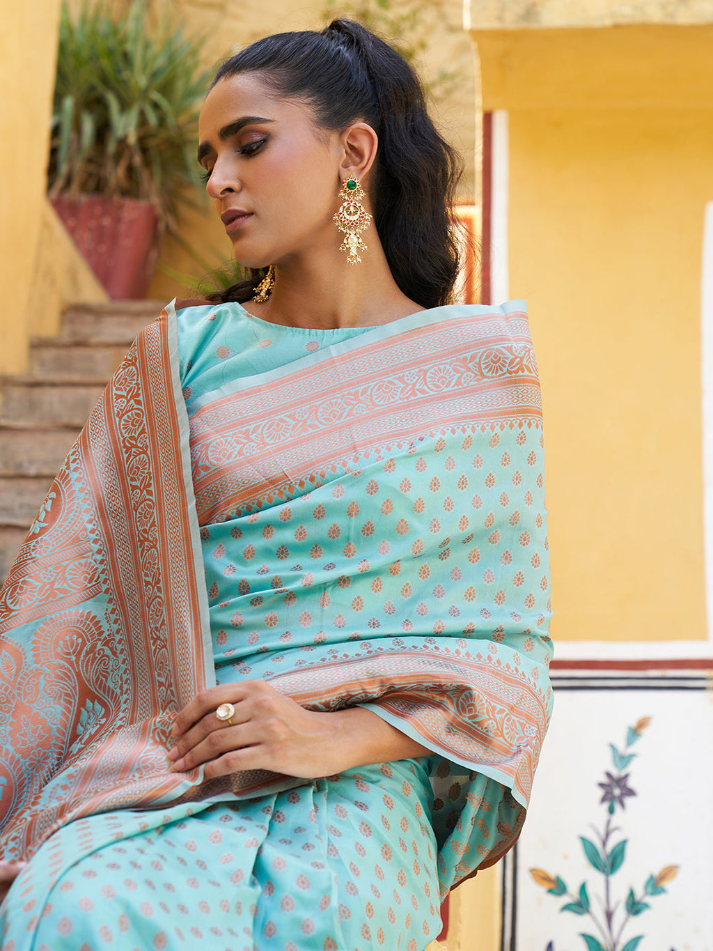 Janasya Sea Green Chanderi Silk Ethnic Motifs Woven Design Saree | Grocsy