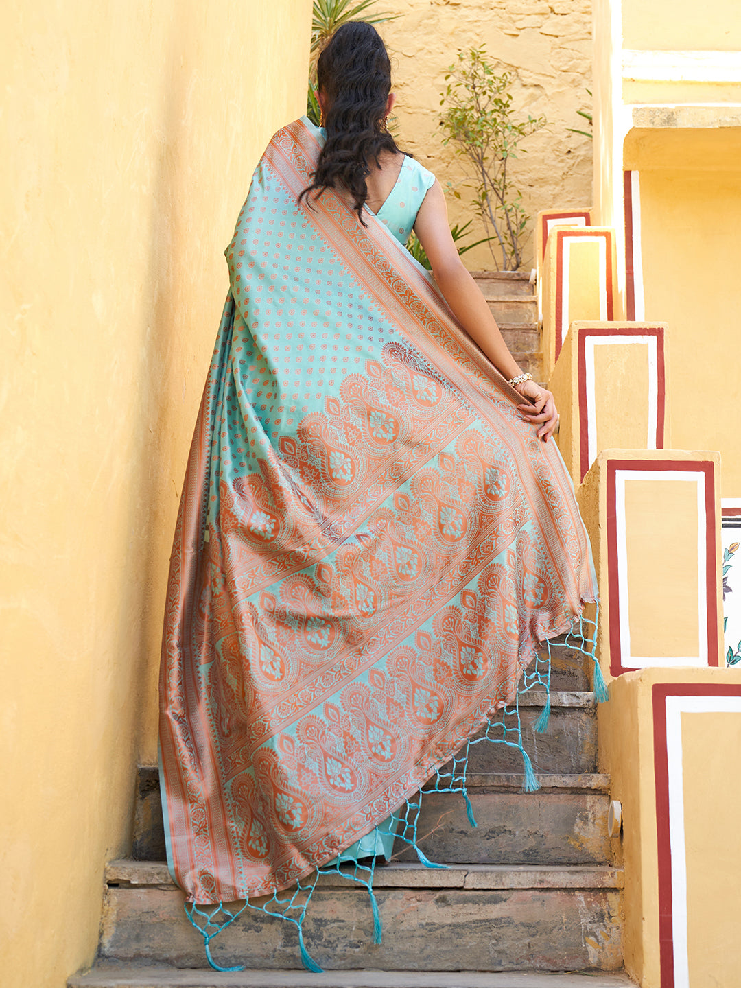 Janasya Sea Green Chanderi Silk Ethnic Motifs Woven Design Saree | Grocsy